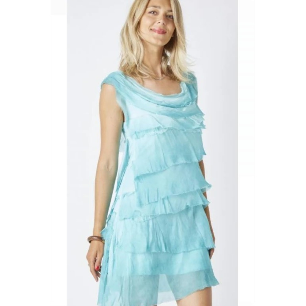 Prodotto In Italy Silk Tiered Dress Womens S Blue Watercolor Ruffle Sleeveless